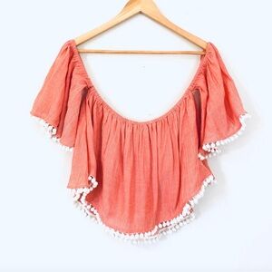 GIANNI BINI Off The Shoulder Crop Top with Pom Poms